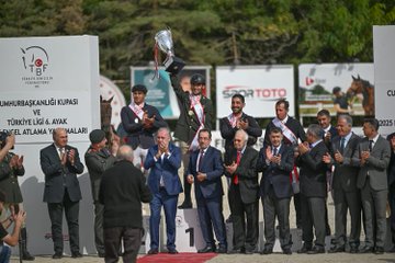 A group of athletes in red and orange uniforms standing on a blue platform, holding medals and a banner reading "TSK Spor Gücü Komutanlığı." They are under a blue arch with text "Europe Balkan Championships 2025 Mudanya" and logos. Trophies are placed in front. An athlete runs on a blue mat in a street with colorful buildings. Two cyclists in black and red outfits ride on a road near palm trees and buildings. A man in a military uniform holds a trophy on a podium, surrounded by people in suits, with horses visible in the background.