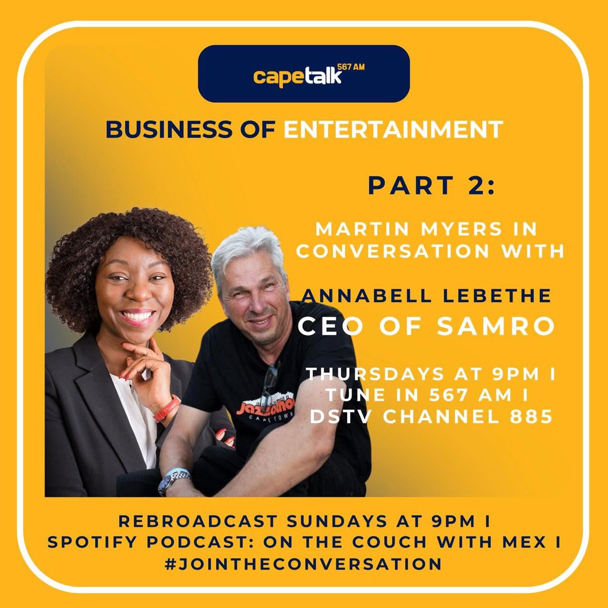 SAMROMusic's tweet image. #RadioInterview Part 2

Tune in this Thursday, 02 October 2025 at 21:00 on CapeTalk for The Business of Entertainment with @MartinMyers.

Special guest: SAMRO CEO, Annabell Lebethe, returns to share more insights on the business side of the creative industry.

Don’t miss this…