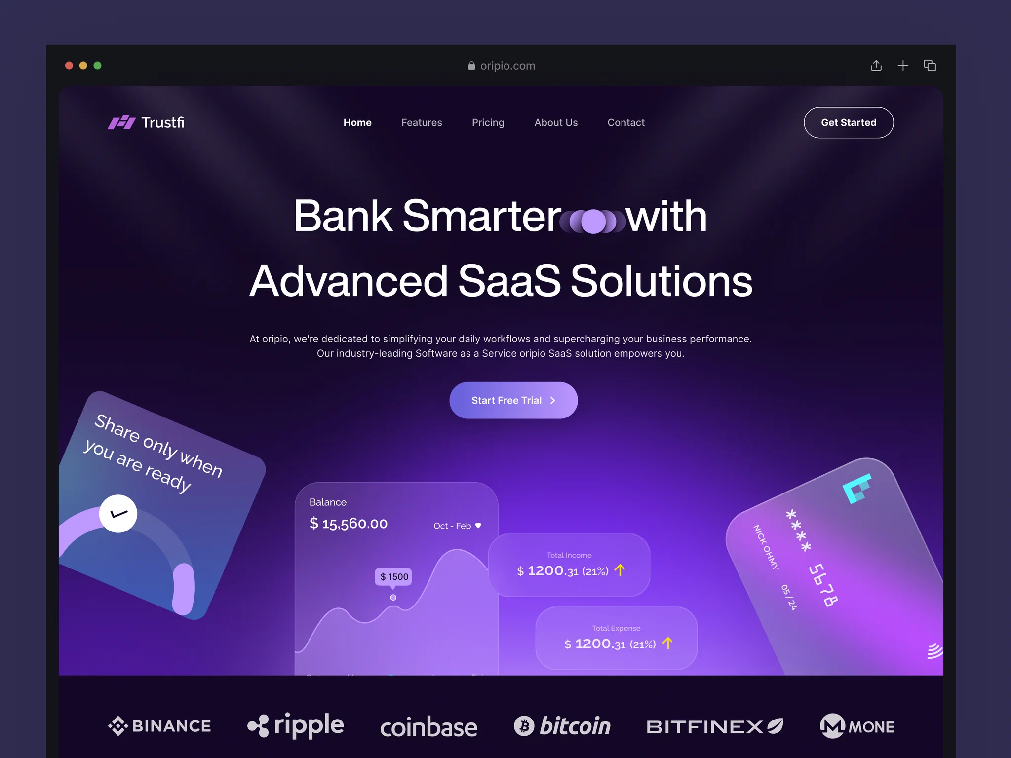 핀테크 SaaS 랜딩 — 보라 글로우 히어로와 떠 있는 금융 카드