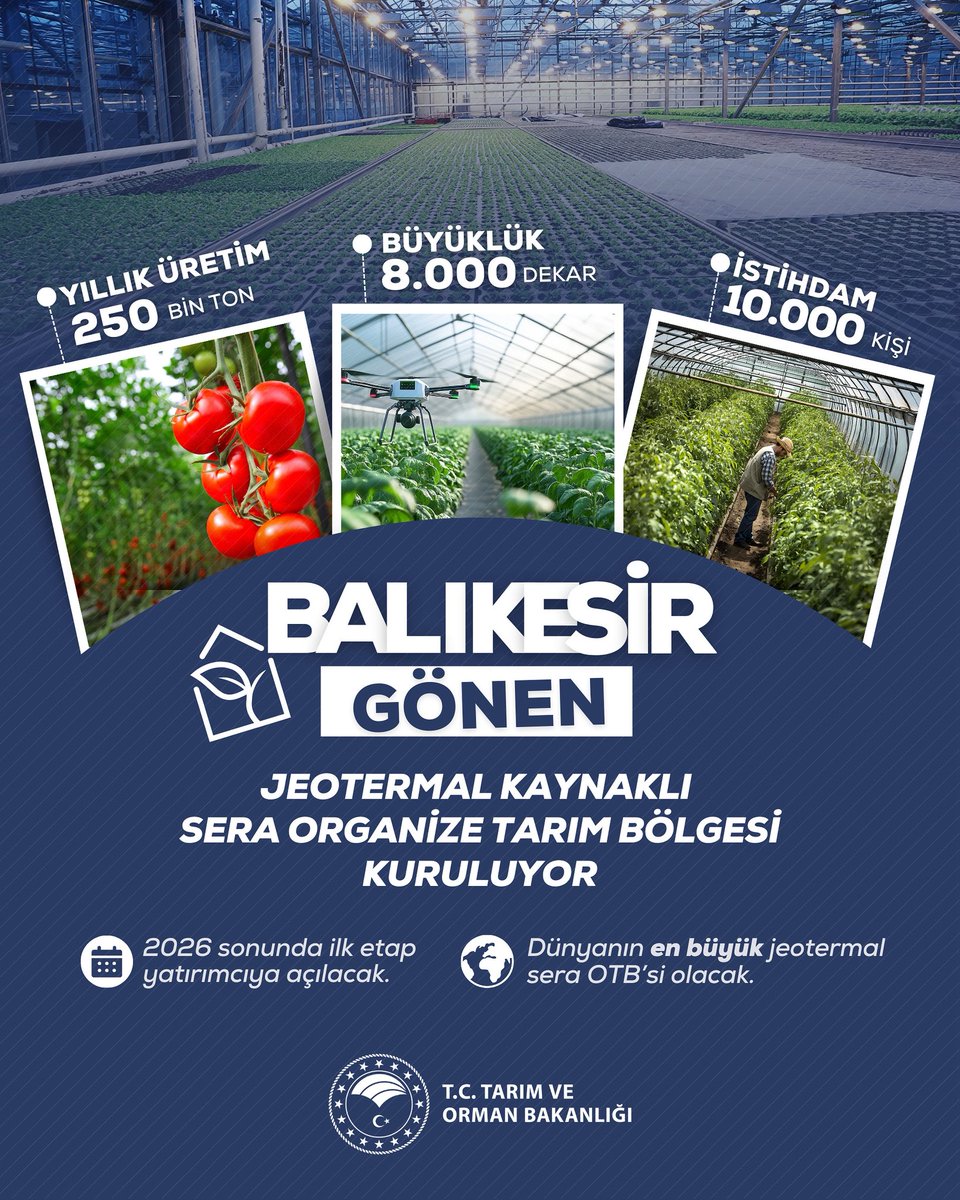 🌍🤝 Üreticimiz ile sanayicimizi buluşturacak, dünyanın en büyük jeotermal kaynaklı Sera Organize Tarım Bölgesi Balıkesir Gönen’de kuruluyor.

🌱 Bu dev proje ile üretimi artırıyor, istihdamı güçlendiriyor ve sürdürülebilir tarıma yön veriyoruz.

🇹🇷 Güçlü Türkiye’nin yolu, güçlü