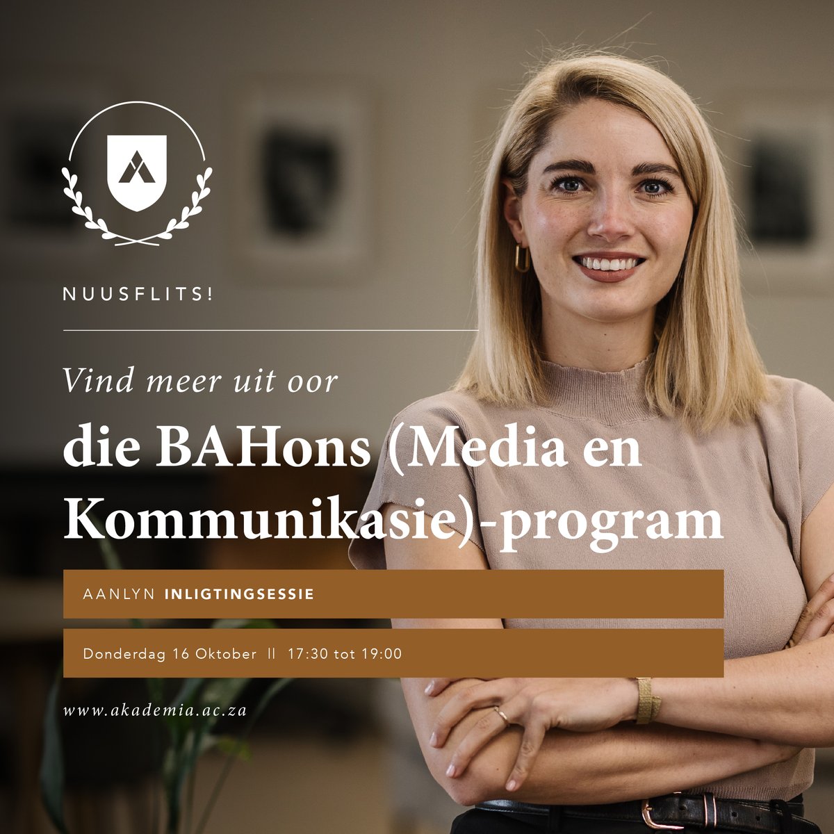 OnsAkademia's tweet image. Oorweeg jy ŉ beroep as joernalis, kommunikasiebestuurder of mediabestuurder? Miskien wil jy jouself in die advertensiewese, digitale media of uitgewerswese vestig. Bespreek jou plek hier: akademia.ac.za/inligtingsessi…

#MyAkademia #BAHons #MediaEnKommunikasie #Inligtingsessie