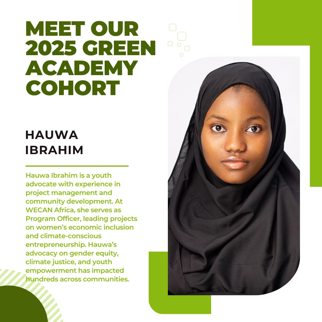hbsNigeria's tweet image. Meet Hauwa Ibrahim, one of our 2025 Green Academy Cohort!✨💚

Hauwa Ibrahim is a youth advocate with experience in project management and community development. At WECAN Africa, she serves as Program Officer, leading projects on women’s economic inclusion and climate-conscious…
