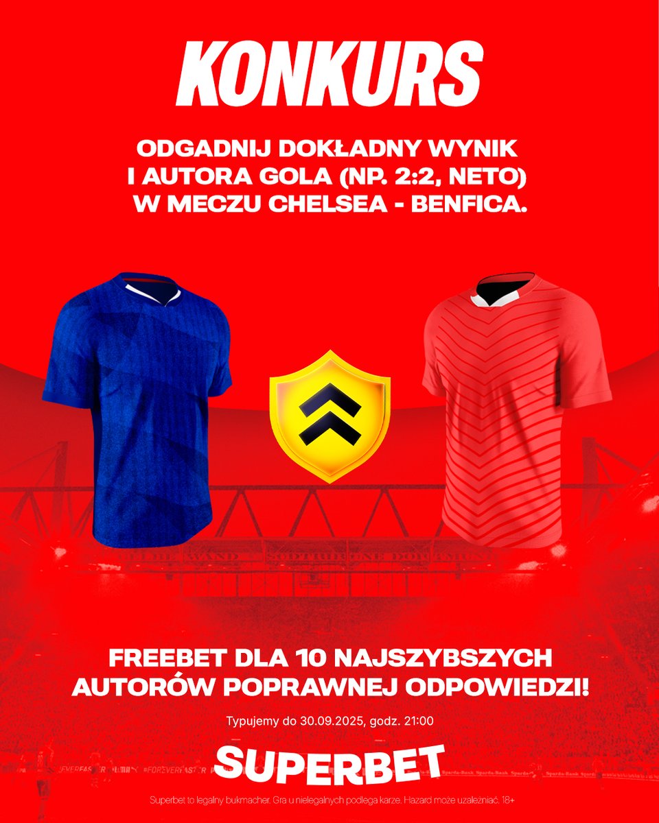 SuperbetPL's tweet photo. #KONKURS! Wytypuj w odpowiedziach dokładny wynik oraz autora gola ⚽️ w meczu Chelsea - Benfica i zgarnij freebet!
-- 
✅ Zaobserwuj @SuperbetPL
❤️ Polub wpis i 🔄 podaj go dalej 
👤 Dodaj nick z Superbet 
🎁 Nagroda = FREEBET 50 PLN
Regulamin: https://t.co/bJckWNG47u https://t.co/6nImbSuORX
