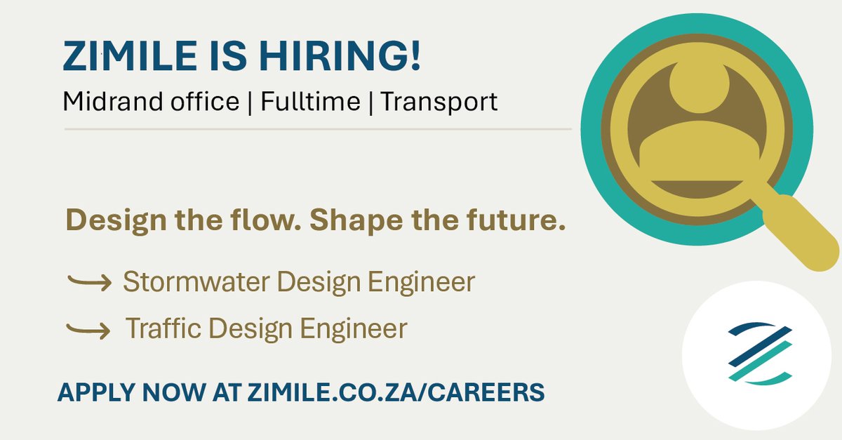 EngineersZimile's tweet photo. We’re hiring!  We’re looking for passionate engineers to join our team:
Stormwater Design Engineer  &amp; Traffic Design Engineer
This is your chance to combine technical expertise with innovative thinking to make a real impact on people’s lives.
Apply now: https://t.co/MXYQu0ZMuD https://t.co/tha9h1578w