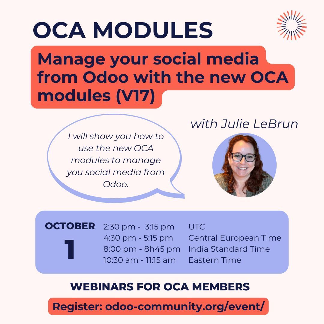 Join us tomorrow for our webinar on how to manage your social media from Odoo thanks to the new OCA modules.

⏰ Wednesday October 1st
- UTC: 2:30 - 3:15 pm
- CEST: 4:30 - 5:15 pm
- IST: 8:00 - 8:45 pm
- EDT: 10:30 - 11:15 am 

Register here : buff.ly/kiyi5Vr