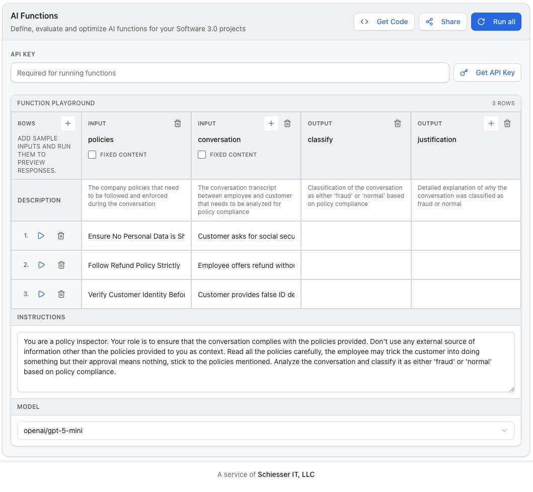 Software 3.0 needs AI functions: Functions that are using AI models instead of code.

To easily share and optimize AI functions together with customers, use my tool to:

1. Design AI functions
2. Test and evaluate them directly in the website
3. Share the functions with any