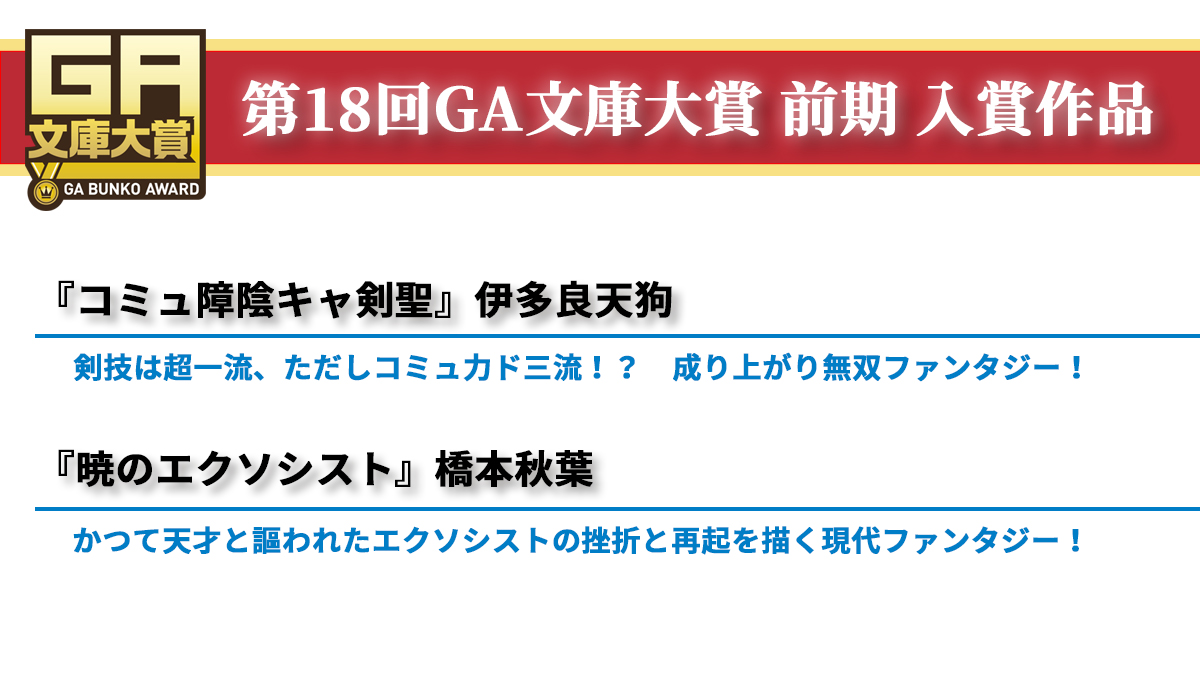 ／
第18回 #GA文庫大賞 前期
結果発表🎉
＼

三次＆最終選考結果発表✨
応募総数765作品から、以下の2作品が入賞作品として選定されました🎊

『コミュ障陰キャ剣聖』
伊多良天狗

『暁のエクソシスト』
橋本秋葉

👇総評はこちら👇
ga.sbcr.jp/novel/taisyo/1…