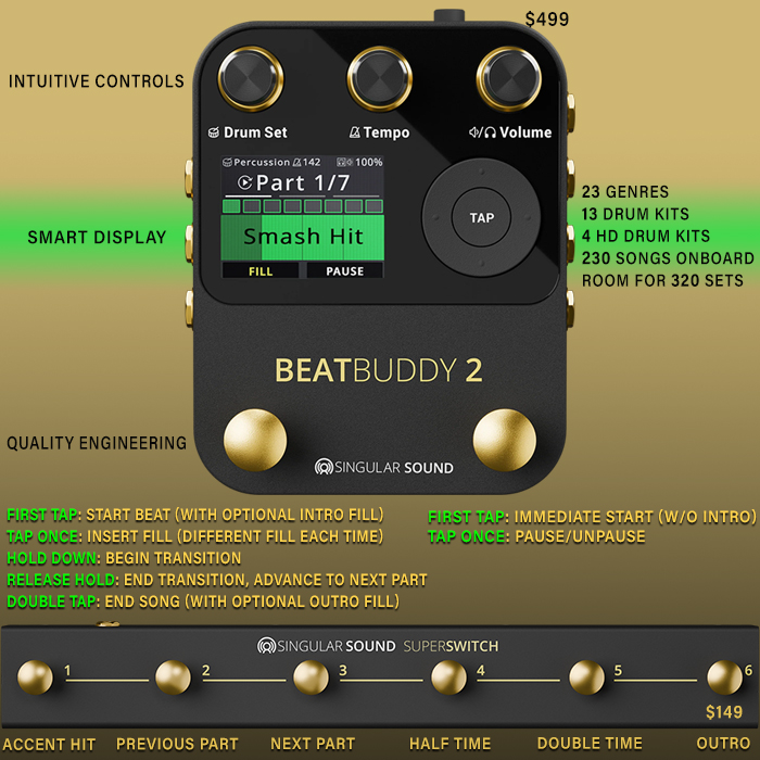 x_pedal's tweet photo. Singular Sound massively levels up its Beat Buddy 2 - now in sleek gold accented custom enclosure with all-round improvements and a handy SuperSwitch Controller - https://t.co/Hea0IlcBmg @singularsound #singularsound #singularsoundbeatbuddy2 #beatbuddy2 #beatmachine #drummachine https://t.co/L3jY9eeyOG