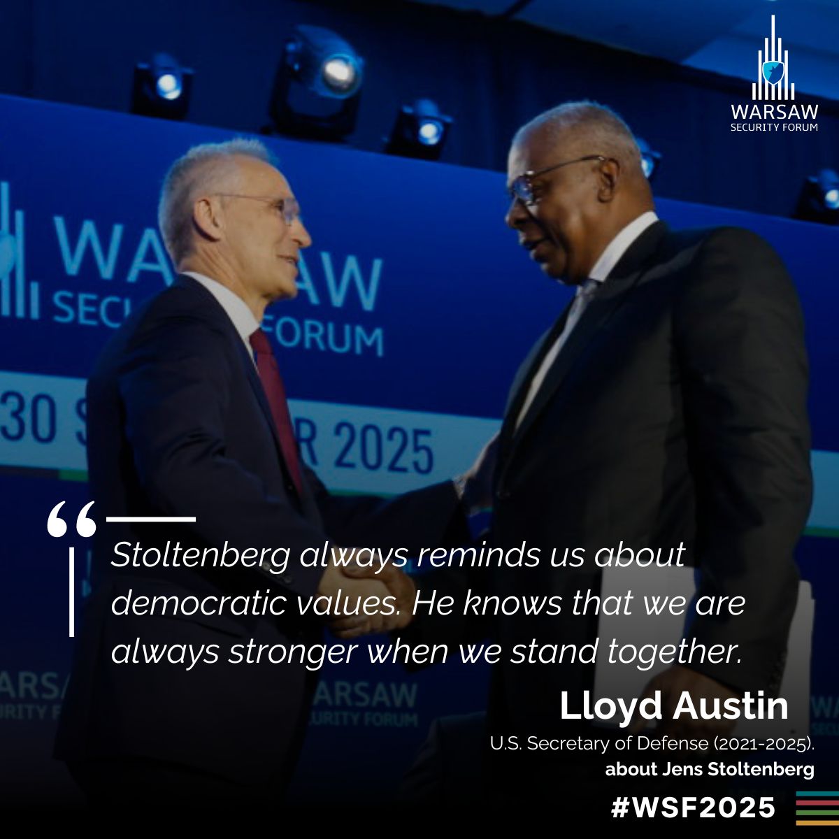 WarsawForum's tweet photo. Lloyd Austin (@SecDefAustin) talking about Jens Stoltenberg (@jensstoltenberg) in his laudation speech.
#WSF2025 #KnightOfFreedom #DividedWeFall https://t.co/nOTinuHn2m