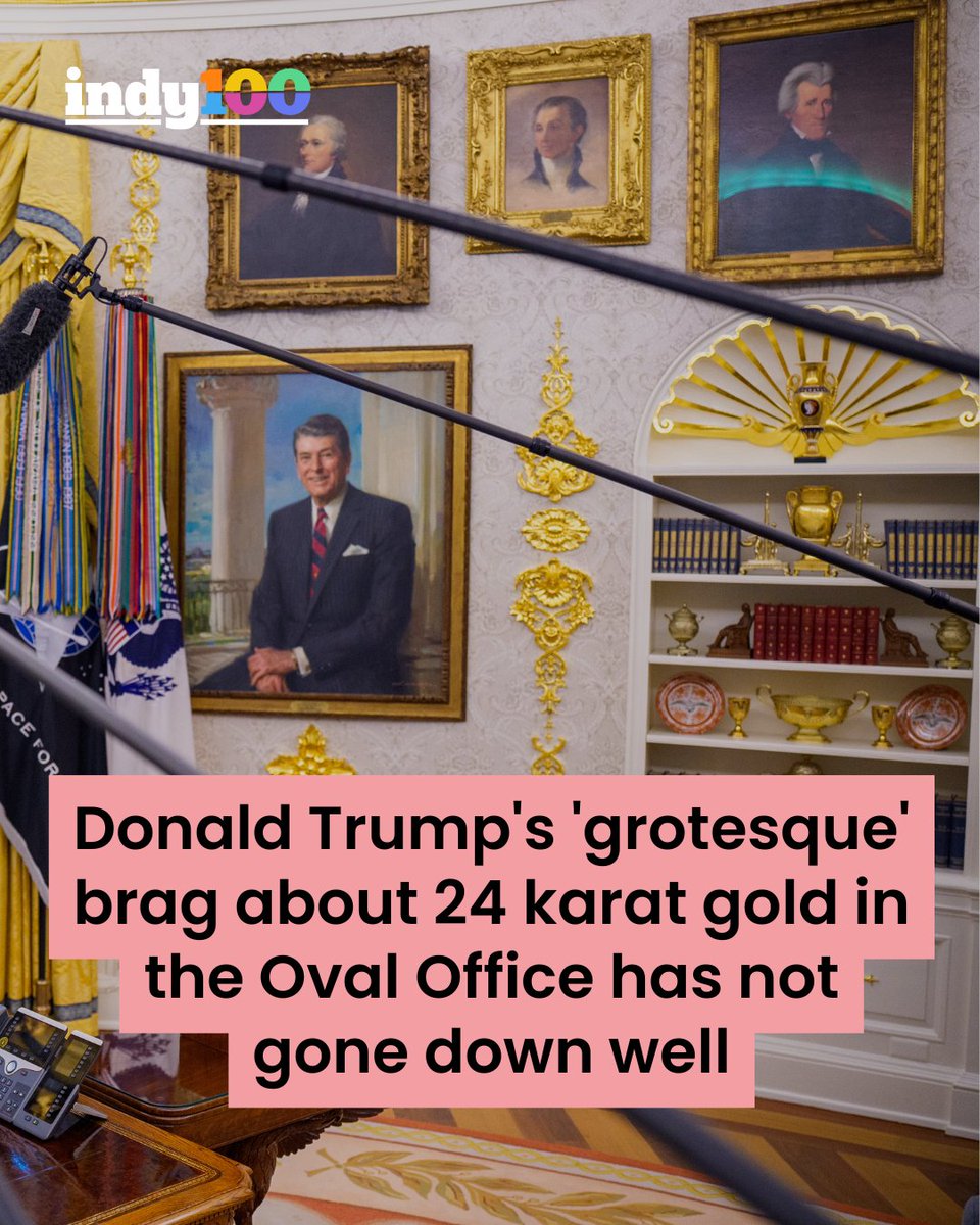 indy100's tweet image. As political and economic turmoil face the US, Donald Trump has been slammed for his post bragging about the 24 karat gold he has added in the Oval Office.  🪙

#DonaldTrump #Trump #OvalOffice #Gold #WhiteHouse

indy100.com/politics/trump…