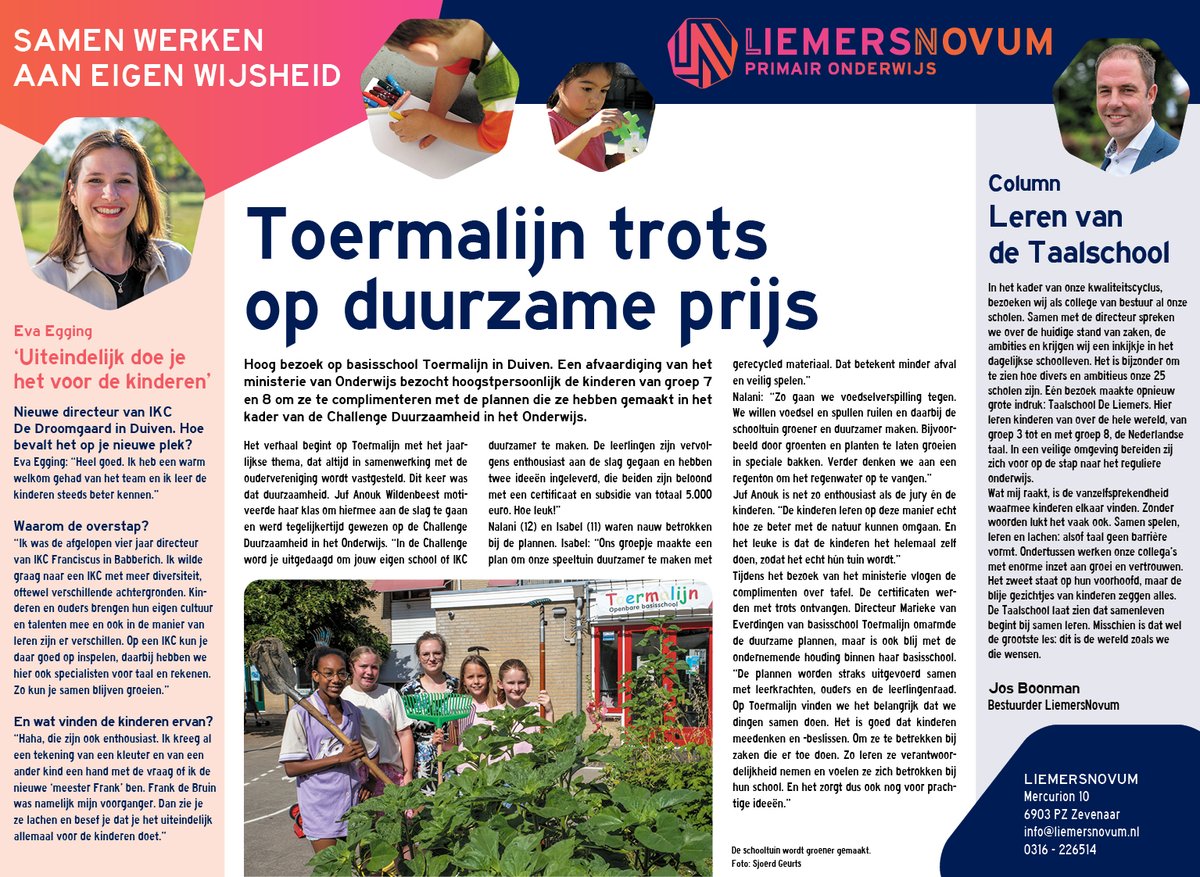 Duurzaamheid op Toermalijn: leerlingen in Duiven bedachten zelf plannen voor een groene school en kregen subsidie én bezoek van het ministerie.
Lees het in de nieuwsflits van LiemersNovum, vandaag online, morgen in de Duiven, Westervoort en Zevenaar Post. #LiemersNovum #onderwijs