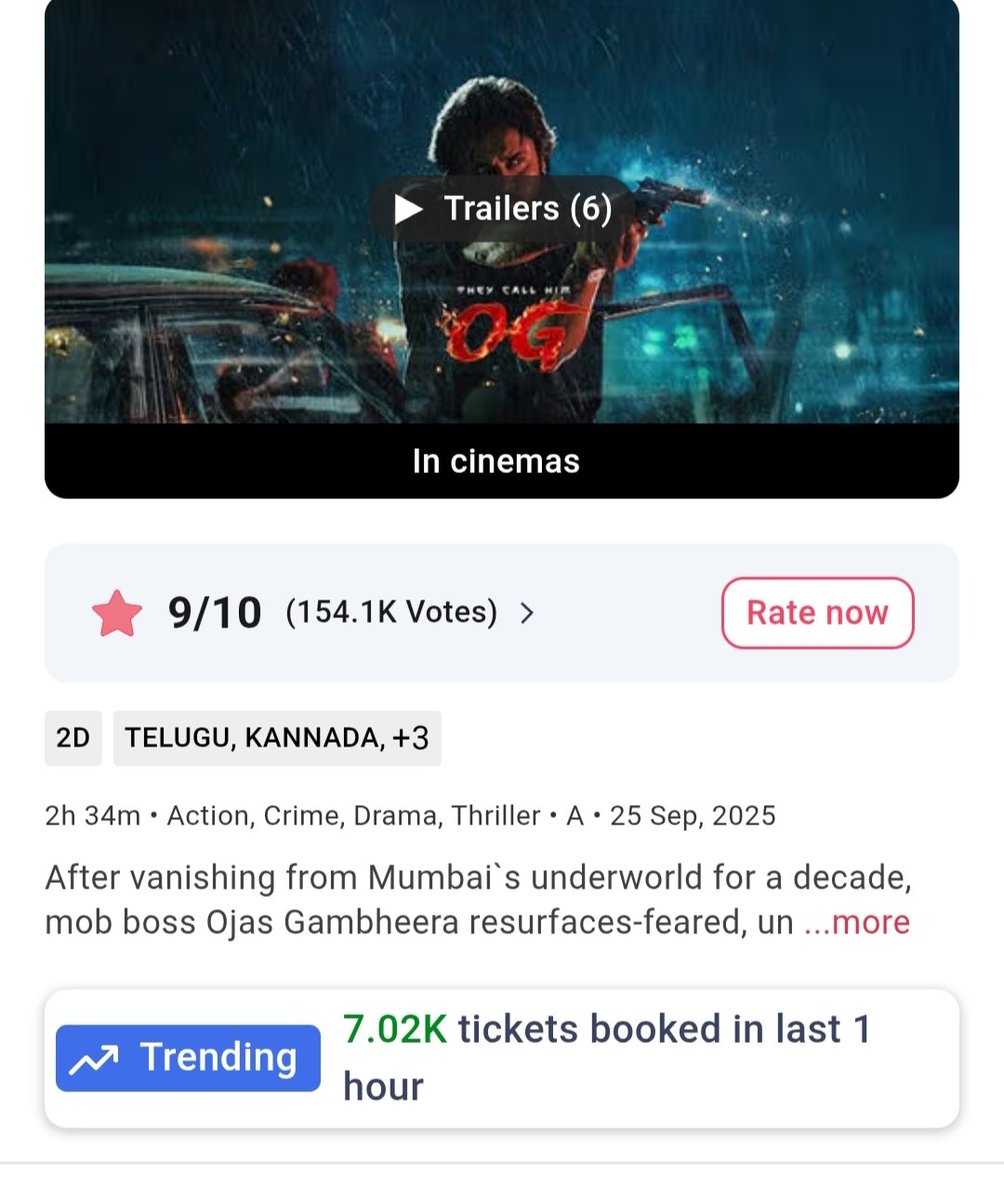 In the morning, the hourly trend showed over 4K+  booked. 
Now, it indicates that more than 7K+ tickets have been booked in the last hour 👌👌😎 

Avg reviews, serious movie tho PK showing his mania 😎 
#TheyCallHimOG 
#og #firestromiscoming 
<a href="/PawanKalyan/">Pawan Kalyan</a> <a href="/Sujeethsign/">Sujeeth</a>