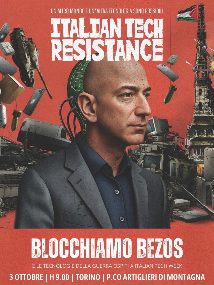 At the #ItalianTechWeek, John Elkann will be joined by the Lord of #Amazon in person, Jeff Bezos, and Lords of #Arms companies such as #Leonardo. We will bring #Resistance: 
technology for the 99%, NOT for the 1%, for #Peace.