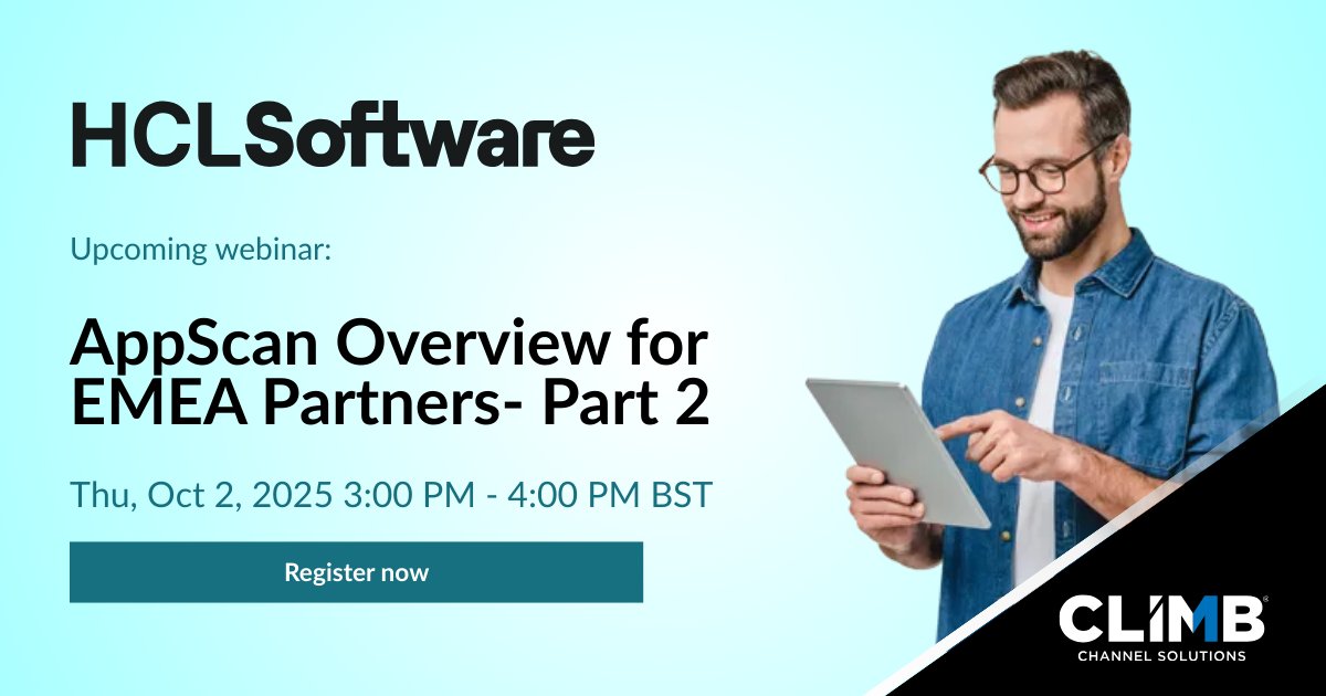 Climb Channel Solutions Ireland (@climbcs_ie) on Twitter photo Don't miss <a href="/HCLSoftware/">HCLSoftware</a>'s next webinar "#AppScan Overview for EMEA Partners- Part 2" on Thursday, October 2nd at 3 PM BST for the latest update on AppScan, where they'll be reviewing current use case examples and provide a competitive update.
🔗 register.gotowebinar.com/#register/4129… Don't miss <a href="/HCLSoftware/">HCLSoftware</a>'s next webinar "#AppScan Overview for EMEA Partners- Part 2" on Thursday, October 2nd at 3 PM BST for the latest update on AppScan, where they'll be reviewing current use case examples and provide a competitive update.
🔗 register.gotowebinar.com/#register/4129…
