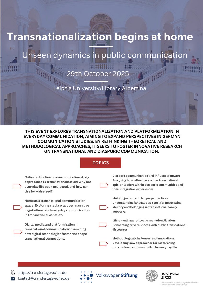 Just 29 days to go until our conference!

This years conference with the title: “Transnationalization Begins at Home – Unseen Dynamics in Public Communication” takes places on 29th of October 2025, Library Albertina, Leipzig University.

As the third EC4SC event within the Media