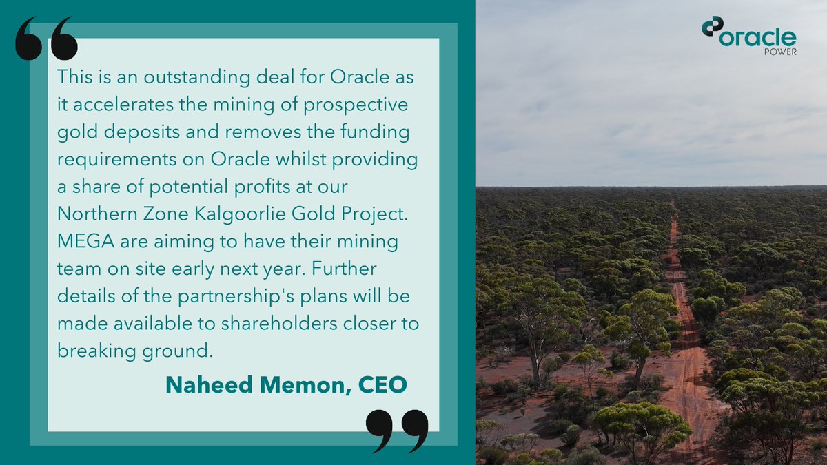 OraclePowerPlc's tweet image. In case you missed it:
Oracle and its partner @Riversgold_Ltd have signed a binding Mining Agreement with MEGA Resources to potentially start mining early 2026 at the exciting Northern Zone gold prospect # WA # Gold