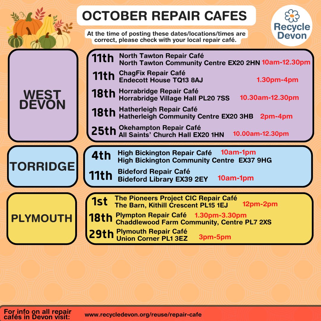 RecycleDevon's tweet image. October's another busy month for Devon's Repair Cafés and their volunteers! Check when your nearest café is operating below 👇

#repaircafé #fixit #CommunityAction #reducereuserecycle