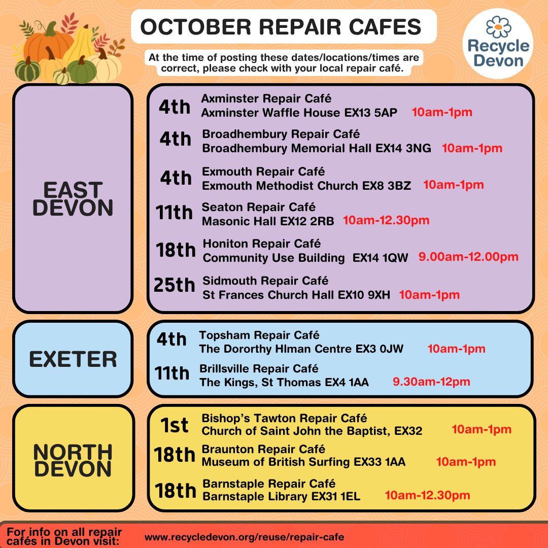 RecycleDevon's tweet image. October's another busy month for Devon's Repair Cafés and their volunteers! Check when your nearest café is operating below 👇

#repaircafé #fixit #CommunityAction #reducereuserecycle