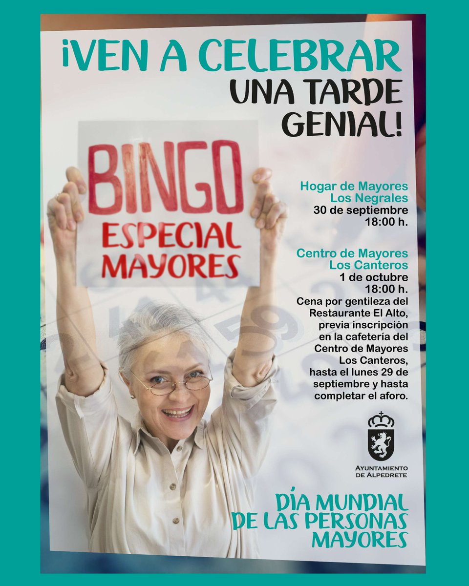 🙌¡¡Celebremos juntos el Día Mundial de las Personas Mayores!!

👴👵El 1 de octubre se conmemora un día importante, una ocasión especial para agradecer a nuestros mayores tantas lecciones y aprendizajes, tanta compañía y cariño.

El Ayuntamiento de Alpedrete se suma a este día