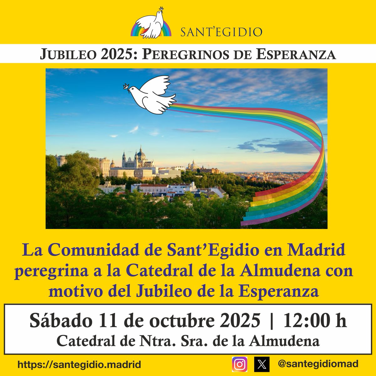 Te invitamos a peregrinar juntos a la Catedral de la Almudena en el #Jubileo2025. Caminaremos con nuestros amigos con quienes compartimos la vida y el servicio. Será un signo de que "la #esperanza no defrauda".➡️ stgd.io/jubileomad

🗓️ Sábado 11-OCT
⏰12:00 h 
#SantEgidioMad