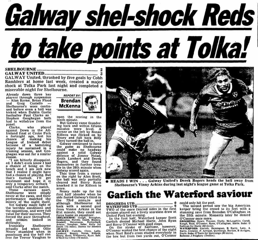 September 30th, 1994

Goals from Billy Clery, Ronan Killeen and Ollie Neary give Galway United a 3-2 win over Shelbourne in the League of Ireland Premier Division at Tolka Park, Dublin

(Keith Lambert is the Galway United player in the photo, not Derek Rogers)

#OnThisDay