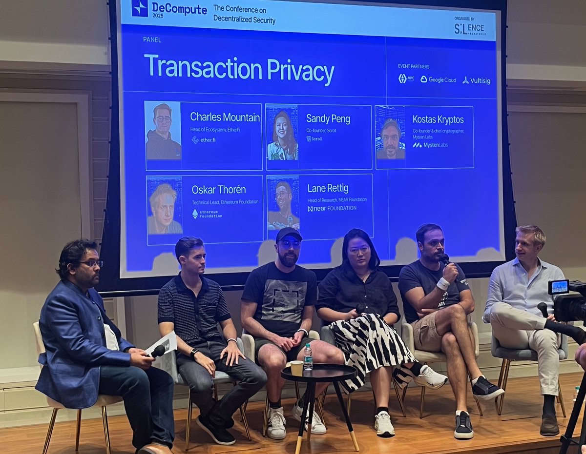 AutomataNetwork's tweet image. Privacy will succeed when it adapts to context based on demand, rather than a universal solution.

Together with @Showtime0x (@ether_fi), @sandyzkp (@Scroll_ZKP), @kostascrypto (@Mysten_Labs), @oskarth (@ethereumfndn), Lane Rettig (@NEARFoundation) at @DeComputeConf 2025.
