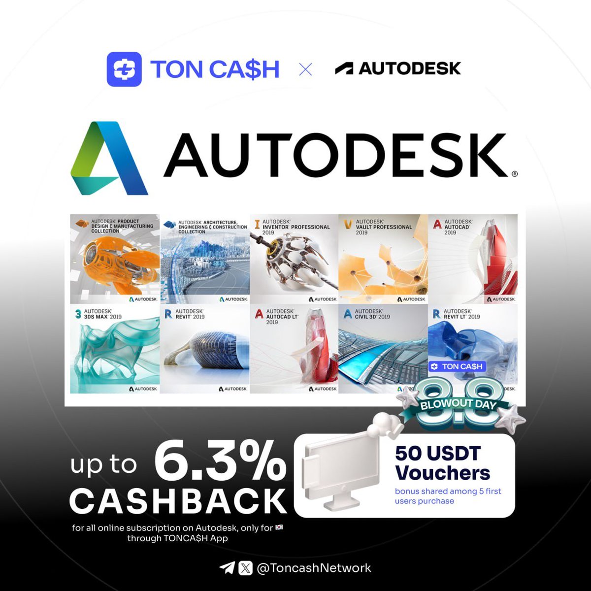 ToncashNetwork's tweet photo. ⛏ Build your ideas with the best tools in the game.

Autodesk powers the world’s architects, engineers & designers — from AutoCAD to Fusion 360.

Unlock 6️⃣.3% cashback when you subscribe or renew via TONCA$H.
Big ideas deserve better rewards.

🔧 Start Now: https://t.co/jK5yodNIWw
