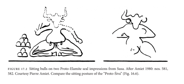 Proto-Elamite Seal Impressions from Susa (4th millennium BC) featuring a Bull in a Sitting Posture, similar to the so-called "Proto-Shiva" of the IVC. There seems to have been a prominent Cult of the Bull among the Neolithic Iranians, possibly ancestral to both Proto-Elamite and