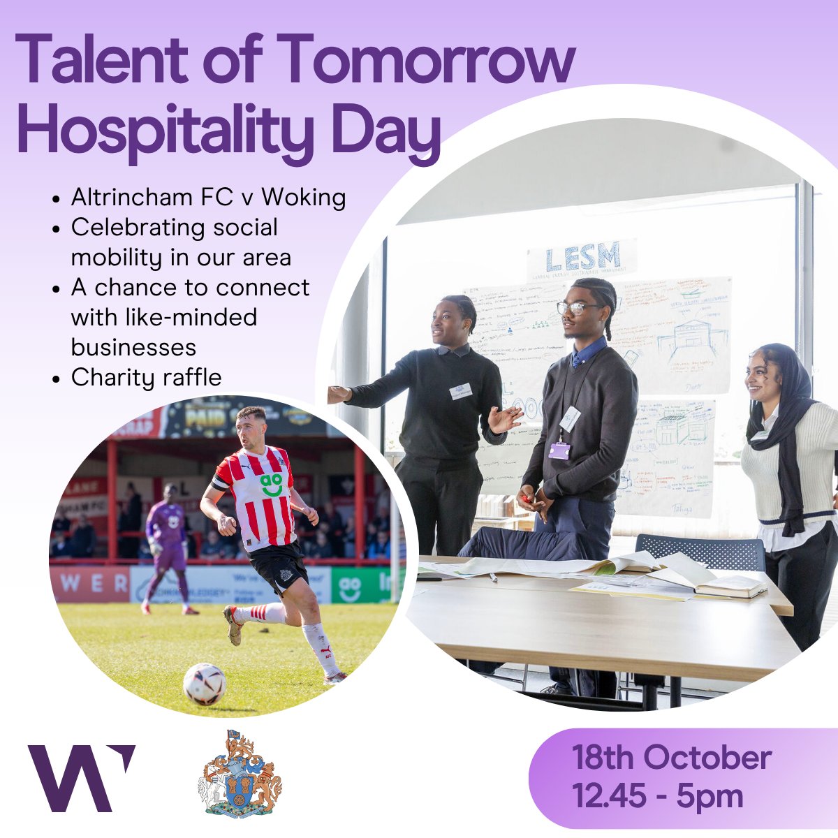 On 18/10, we're hosting our Talent of Tomorrow Hospitality Day at <a href="/altrinchamfc/">Altrincham FC</a>, an event that promises to shine a light on the positive difference local businesses are having on students in our community. 

Looking forward to a successful day &amp; hopefully another Altrincham win!