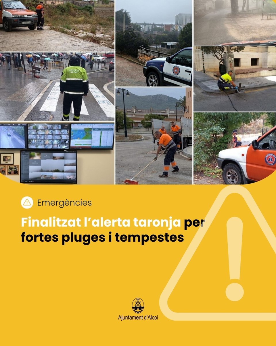 L’Ajuntament d’Alcoi informa que ha finalitzat l’alerta taronja. El CECOPAL queda desactivat i la situació torna a la normalitat.
A partir d’ara:
Es reprenen les activitats esportives a l’aire lliure 
Els serveis municipals continuen atents 

 Gràcies per la col·laboració