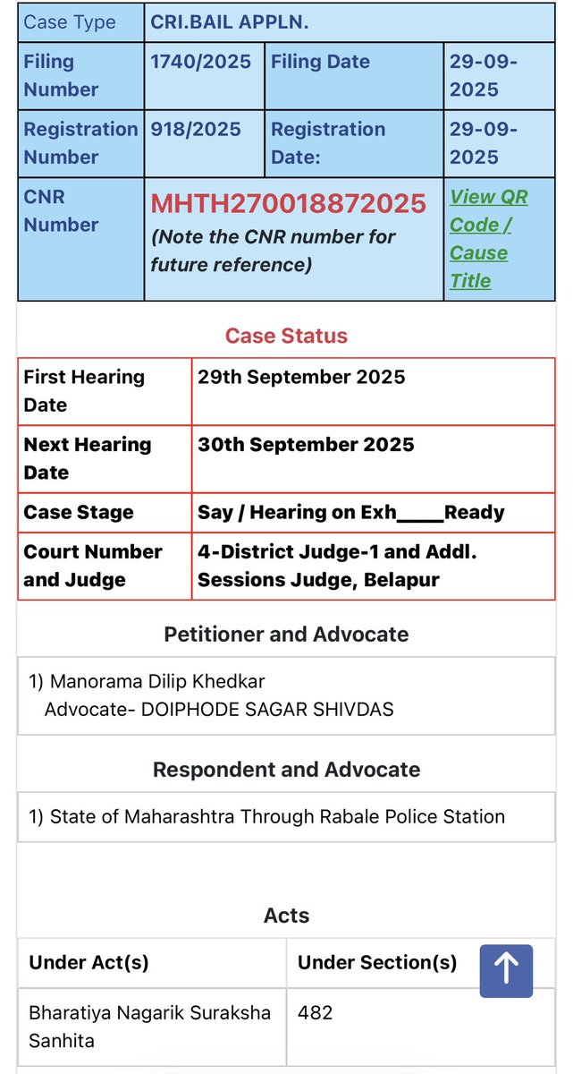 VijayKumbhar62's tweet image. Manorama Khedkar (mother of sacked IAS Puja Khedkar) files anticipatory bail plea (CRLA No. 1740/2025) in Rabale kidnapping FIR .Hearing TODAY, 30 Sep 2025, at 4th Dist Judge, Belapur. Absconding fears? #RabaleKidnappingCase #BailApplication #PujaKhedkar #ManoramaKhedkar