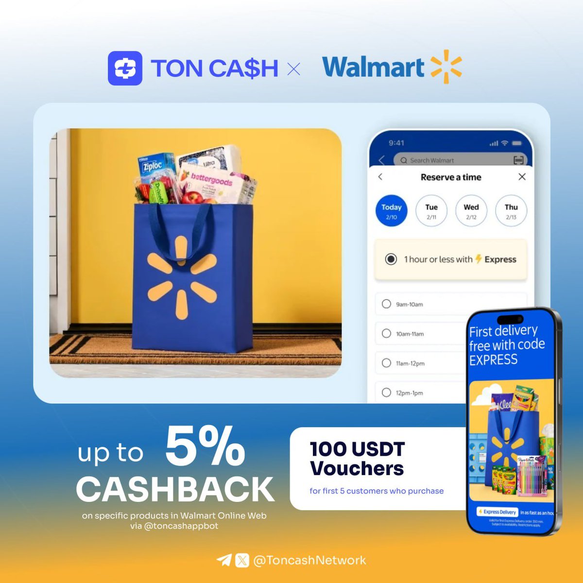 ToncashNetwork's tweet photo. 🔤 Cashback on Every Cart 🛒
Imagine filling your cart with snacks, sneakers, and that random gadget you swear you’ll use, and then getting paid for it. 🛍

🛒 Walmart + TONCA$H = 5% cashback every time you shop. That’s groceries feeding your stomach AND your wallet.

🤑 Crypto tip: spend your cashback on more snacks, repeat forever.

🛍 Start Shopping via TONCA$H https://t.co/VJziFkz9pY