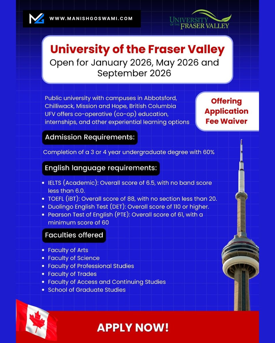 🍁 University of the Fraser Valley (UFV) – Admissions Open! 🍁
📌 Intakes: January 2026 | May 2026 | September 2026

✨ Why UFV?
✅ Public University in British Columbia with campuses in Abbotsford, Chilliwack, Mission &amp; Hope
✅ Co-op education, internships &amp; experiential