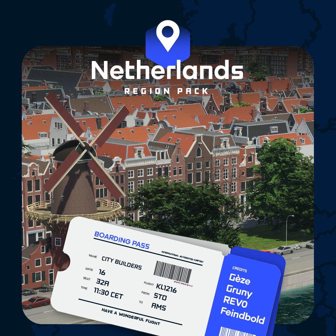 CitiesSkylines's tweet image. We&apos;re taking a surprise trip to the land of windmills, clogs, and stroopwafel. 🇳🇱🌷

Created by @AtkosKhan , @TheGeze , @gruny , and @Feindbold , fasten your seatbelts for a plane ride to the Netherlands Region Pack! ✈️

The Pack is available now for free! pdxint.at/RPNL