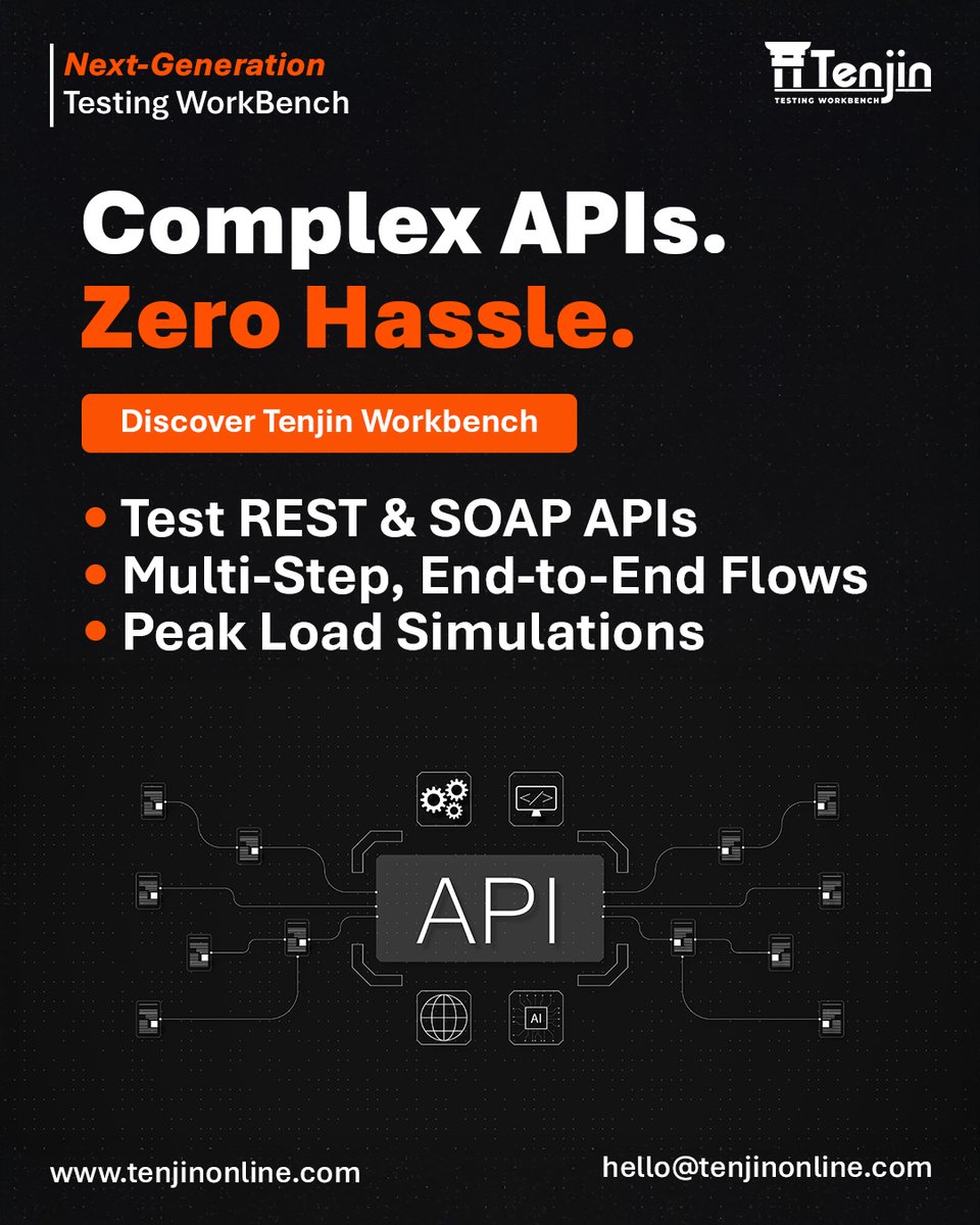 TenjinOnline's tweet photo. Easily test REST &amp; SOAP APIs, run multi-step, end-to-end flows, and simulate peak loads — all without the usual headaches.

#api #apitesting #apitestautomation #soapapi #restapi #apiautomation #testing #qualityengineering #qualityassurance #softwaretesting #automationtesting https://t.co/jgtSTVFREU