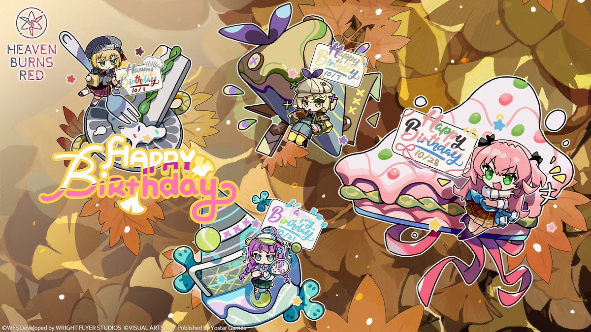 Happy Birthday to our fabulous October celebrants:
Kanata, Irene, Akari and Megumi! 🎈🎉

Let's send our best wishes to them! 🥳🎂✨

#HeavenBurnsRed #Yostar #hbrHB