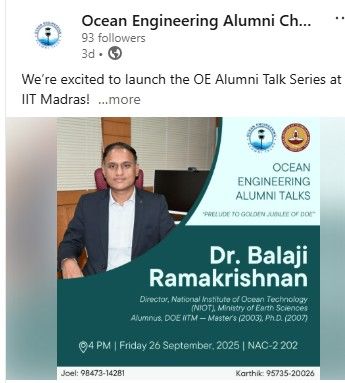 sasraj17's tweet image. As we approach DOE&apos;s Golden Jubilee in 2027, Alumni Connect kicks off with a memorable session featuring Prof. Balaji Ramakrishnan (Director, NIOT) and Prof. Sundar Vallam. A big thank you to Dr. Abhilash Somayajula, Dr. K. Narendran, and our students for bringing this to life!