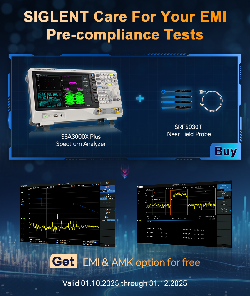 Siglent_Tech's tweet image. Limited-Time Offer: EMI Pre-Compliance Promotion Now Live! From now on, purchase the SSA3000X Plus Spectrum analyzer and the SRF5030T near-field probe kit, and you’ll get the EMI and AMK options absolutely free. Please note the promotion is specific to the region. More details:…