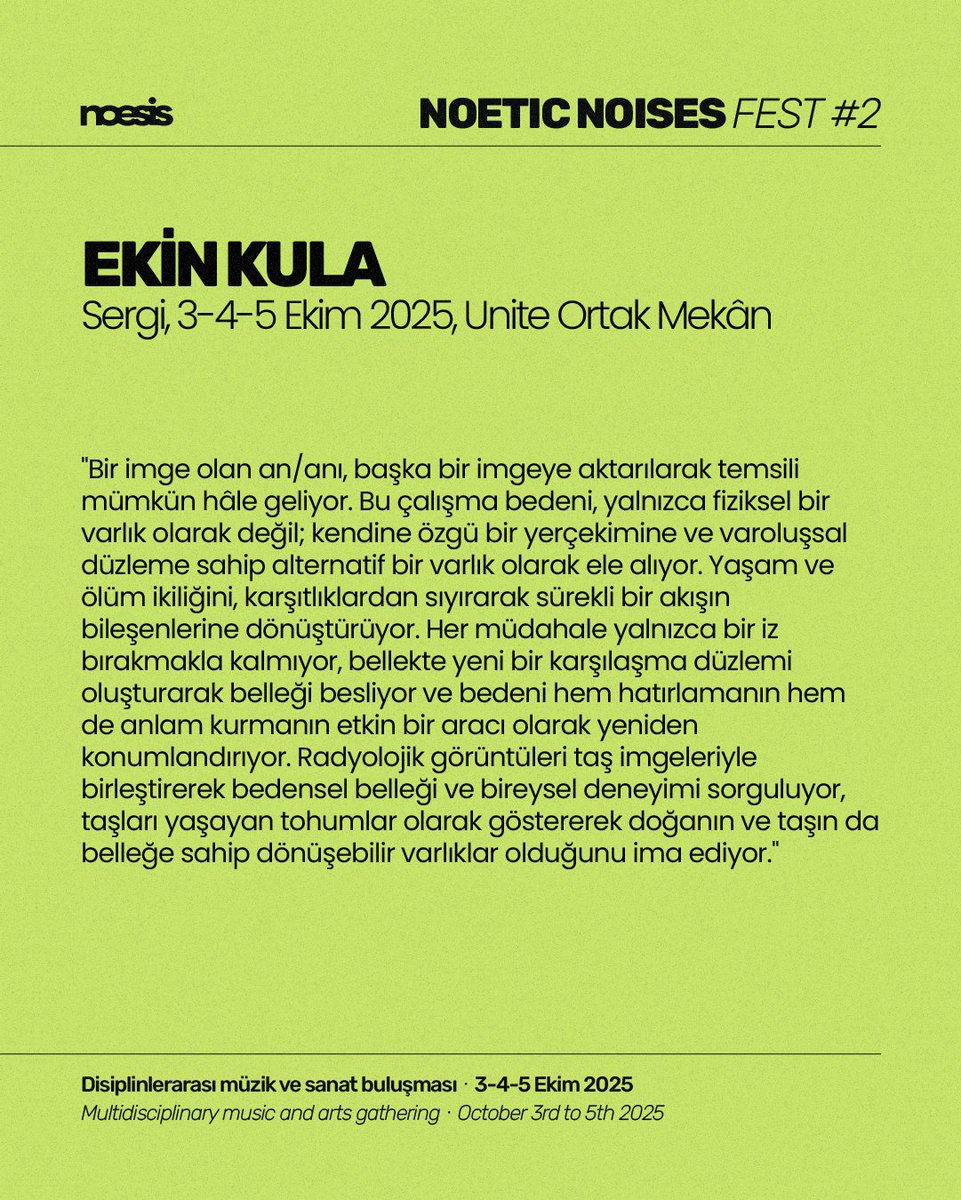 “Bir imge olan an/anı, başka bir imgeye aktarılarak temsili mümkün hâle geliyor. Bu çalışma bedeni, yalnızca fiziksel bir varlık olarak değil; kendine özgü bir yerçekimine ve varoluşsal düzleme sahip alternatif bir varlık olarak ele alıyor.”