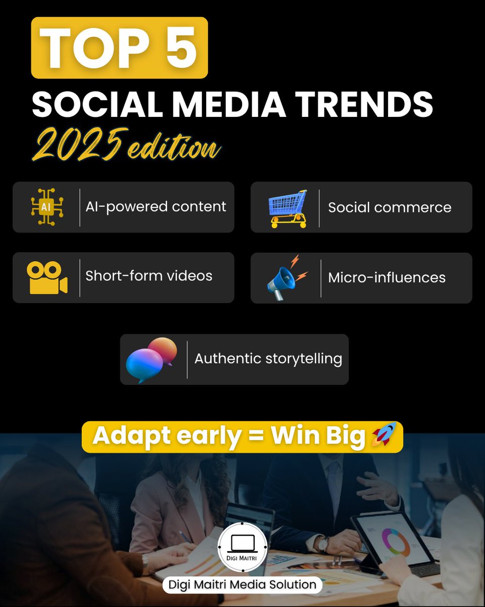 🚀 Ready to win the social media game in 2025? 

The digital world is evolving FAST – and only those who adapt early will stay ahead! 💡✨

👉 Brands that embrace these NOW will dominate tomorrow’s market.
 
#SocialMediaMarketing #DigitalMarketing #Marketing