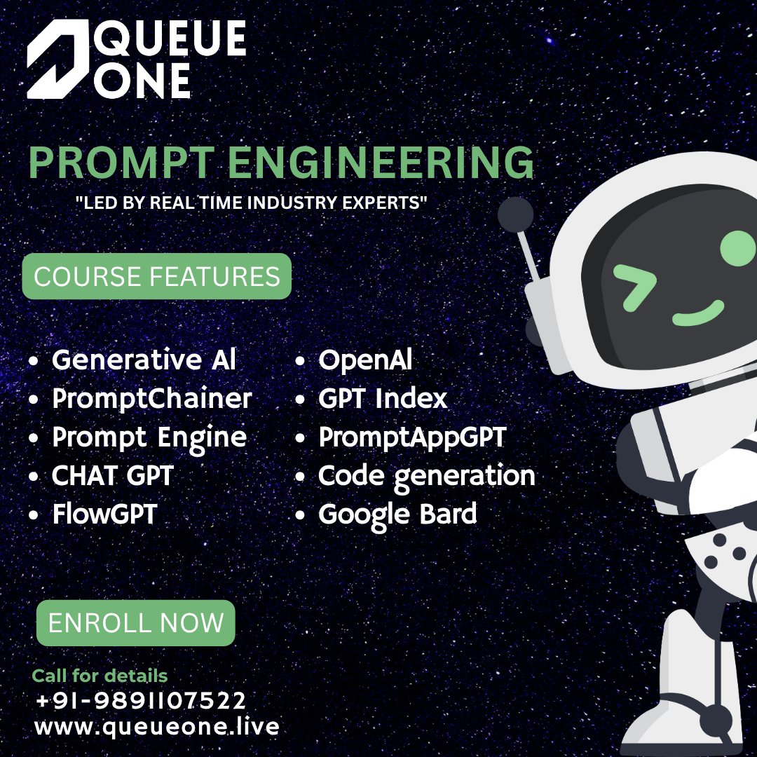 queueonee's tweet image. Step into the  future of AI with our Prompt Engineering Course, led by real-time  industry experts.
#PromptEngineering #GenerativeAI #ChatGPT #AITools #AIForBusiness #FutureOfWork #ArtificialIntelligence #TechTraining #MachineLearning #OpenAI #AICourse #Upskill #QueueOne