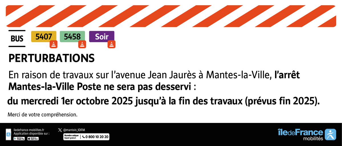 Mantois_IDFM's tweet photo. 🔴Travaux Avenue Jean Jaurès à Mantes-la-Ville
❌l’arrêt Mantes-la-Ville Poste ne sera pas
desservi du mercredi 1er octobre 2025 jusqu’à la fin des travaux (prévus fin 2025) sur les lignes 5407, 5458 et Bus Soir Mantes-la-Ville 👇 https://t.co/v6mb7Rf8wJ