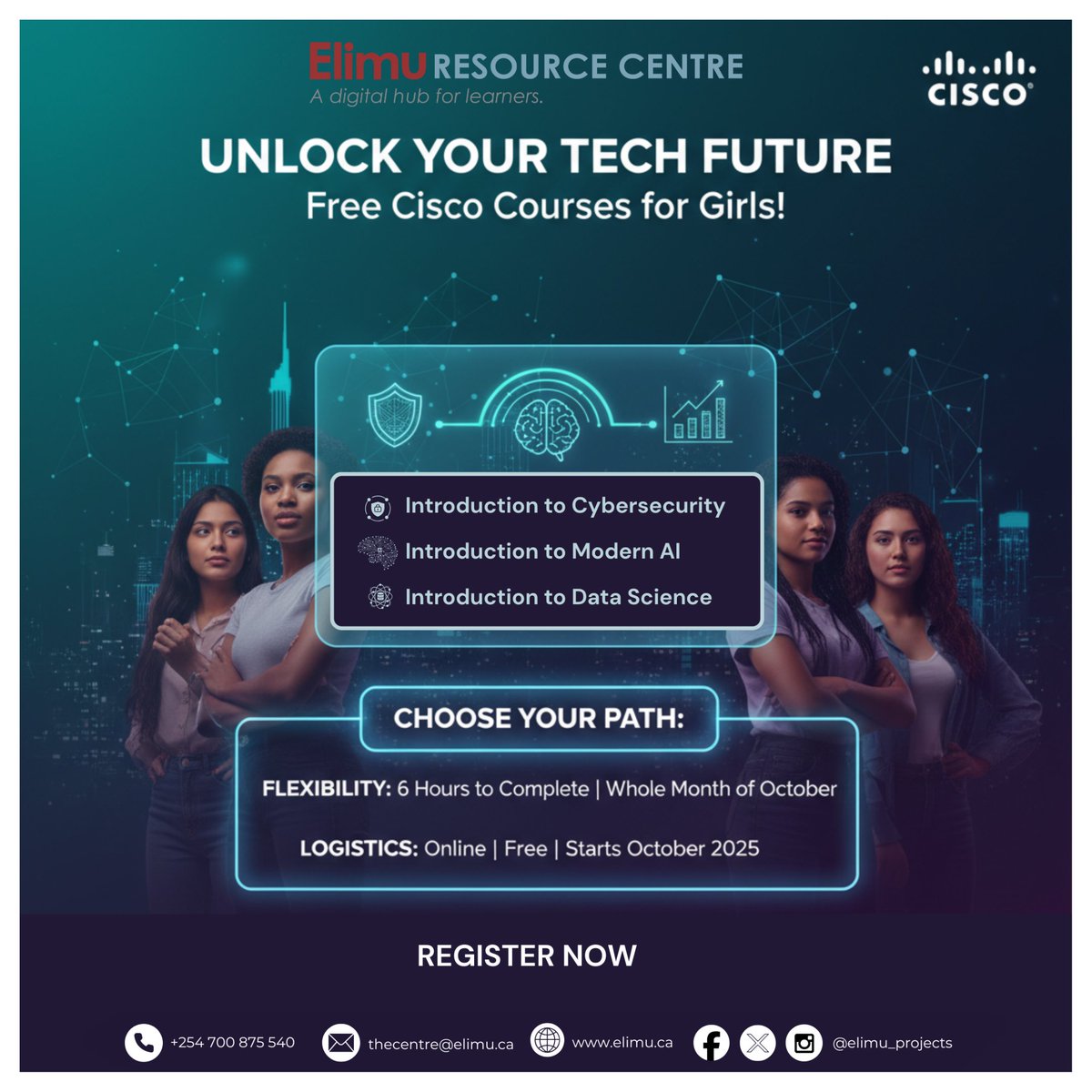 elimu_projects's tweet image. Girls, this one is for YOU!
This October, Elimu Cisco Academy is offering free online courses in Cybersecurity, AI, and Data Science, designed to help you build real-world tech skills and take charge of your future.
Register now; forms.gle/jbdZUnburQcaJh…