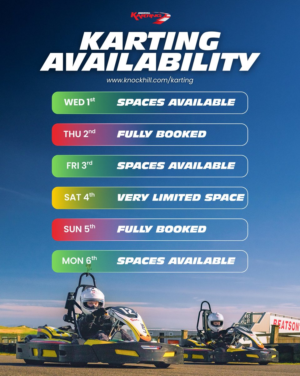 Fancy some karting this week? We have a limited number of spaces available on October 1st, 3rd, 4th, and 6th! These spots will go fast, so be quick to book your high-octane session.

Find out more and reserve your spot here: flow.alphatiming.co.uk/knockhill/book
