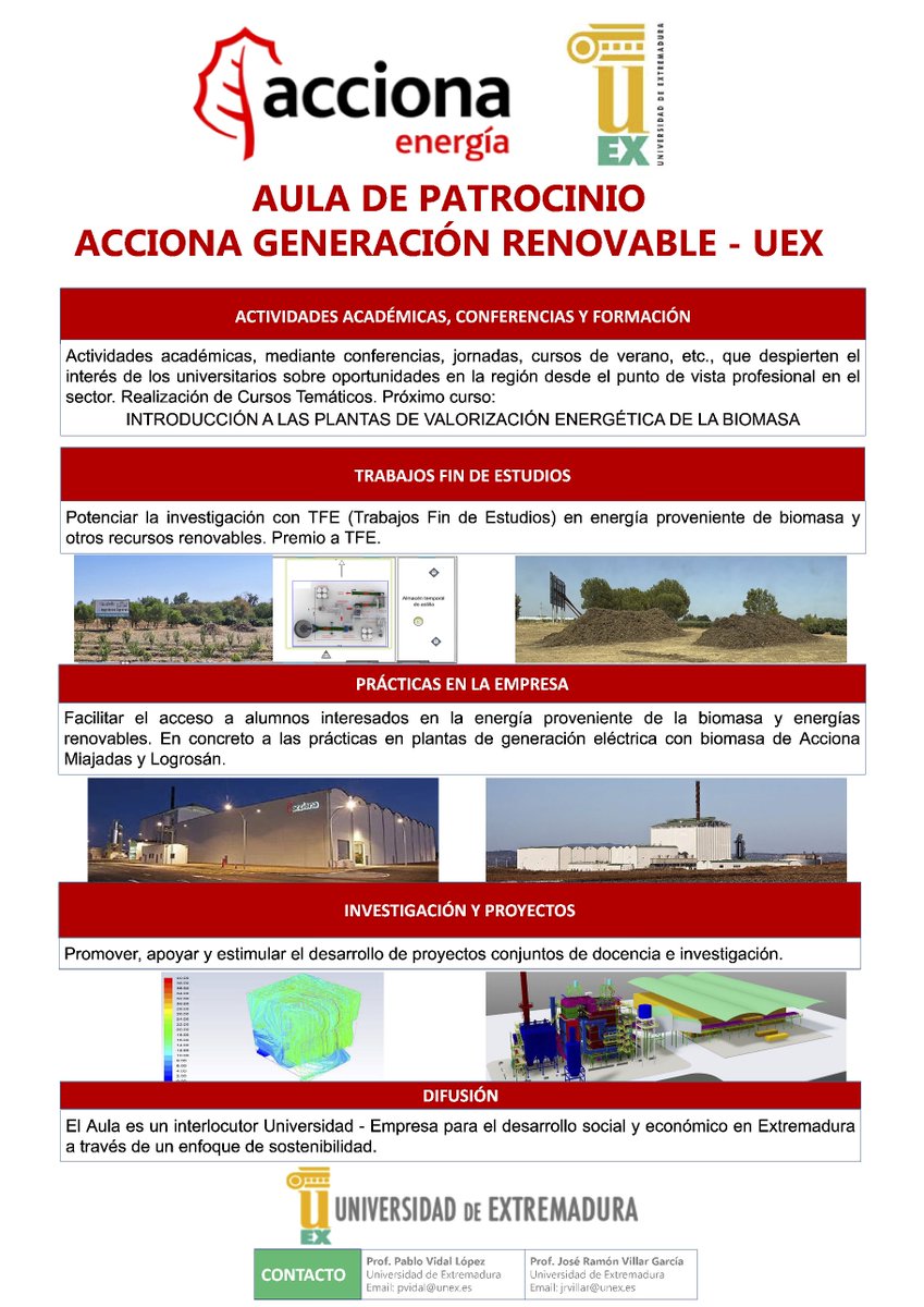 Aula de Patrocinio Acciona Generación Renovable - UEx
Formación y desarrollo académico de universitarios en energías renovables, con especial énfasis en la biomasa y su valorización energética.