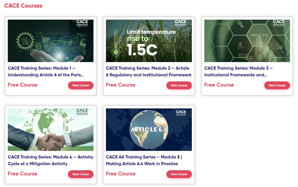 We at CACE are excited to announce the launch of the 5th and final video in the CACE training series on Article 6 of the Paris Agreement.  All 5 videos are now available to bring you up to speed on A6 for #climateaction: 
🔗academyportal.gord.qa/course_by_type…