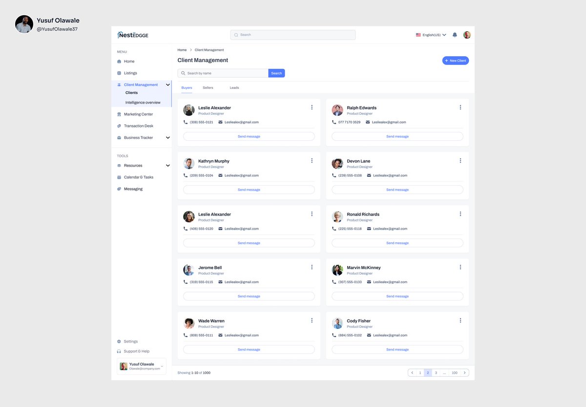 Moving on to the Client Management screen, where agents can search, view, and connect with buyers, sellers, and follow their leads with ease. The goal is to make client interactions smoother and more efficient