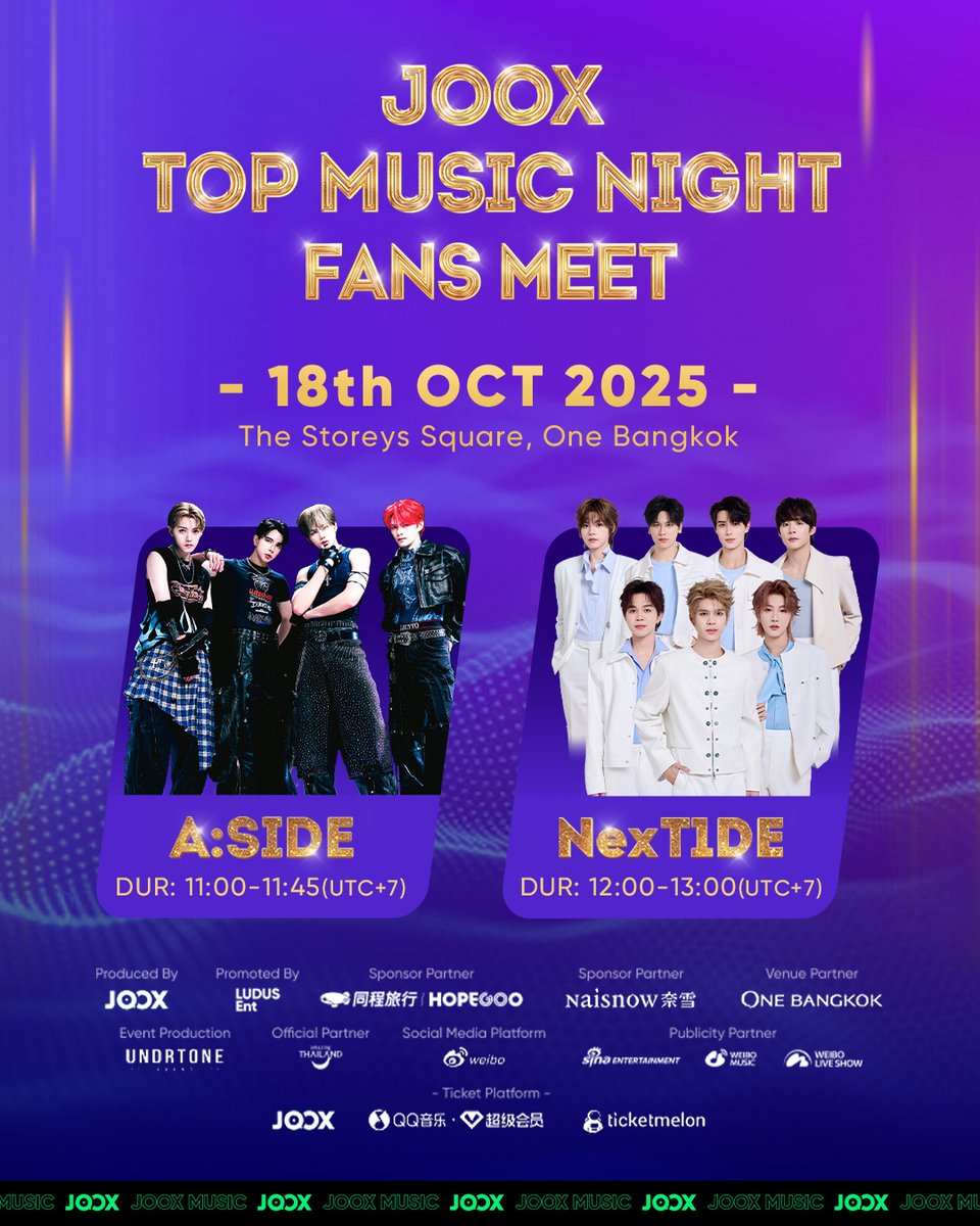 JOOXTH's tweet photo. ประกาศ Line Up ศิลปินแฟนมีตในงาน #JOOXTOPMUSICNIGHT 2025! เฉพาะผู้ถือบัตร VIP เตรียมพบกับ #ASIDE และ #NexT1DE อย่าลืมร่วมส่งคำถาม Q&amp;A และไอเท็มเครื่องหัวที่ทุกคนเตรียมไว้! ดูรายละเอียดเพิ่มเติมในโปสเตอร์เลย 👇 แล้วเจอกัน 18 ตุลาคมนี้ที่ THE STOREYS SQUARE, ONE BANGKOK https://t.co/FRoIHFkwRE