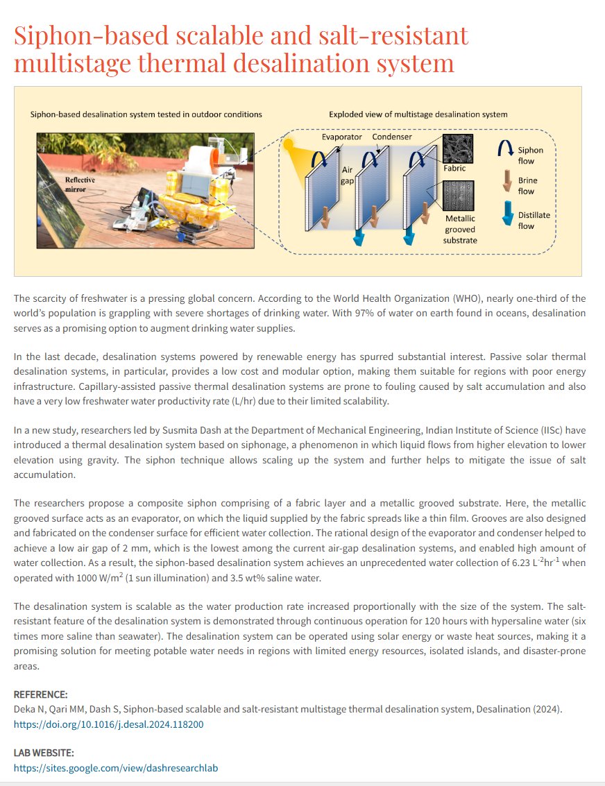 SunjayJK's tweet image. A @iiscbangalore team led by Sushmita Dash design a reliable, lo-cost &amp;amp; scalable #Desalination sys, by using the simple princi of siphonage, where liquid flows through a conduit from a higher elevation to a lower 1 due to gravity created pressure diff.

Uses simple matls, is v