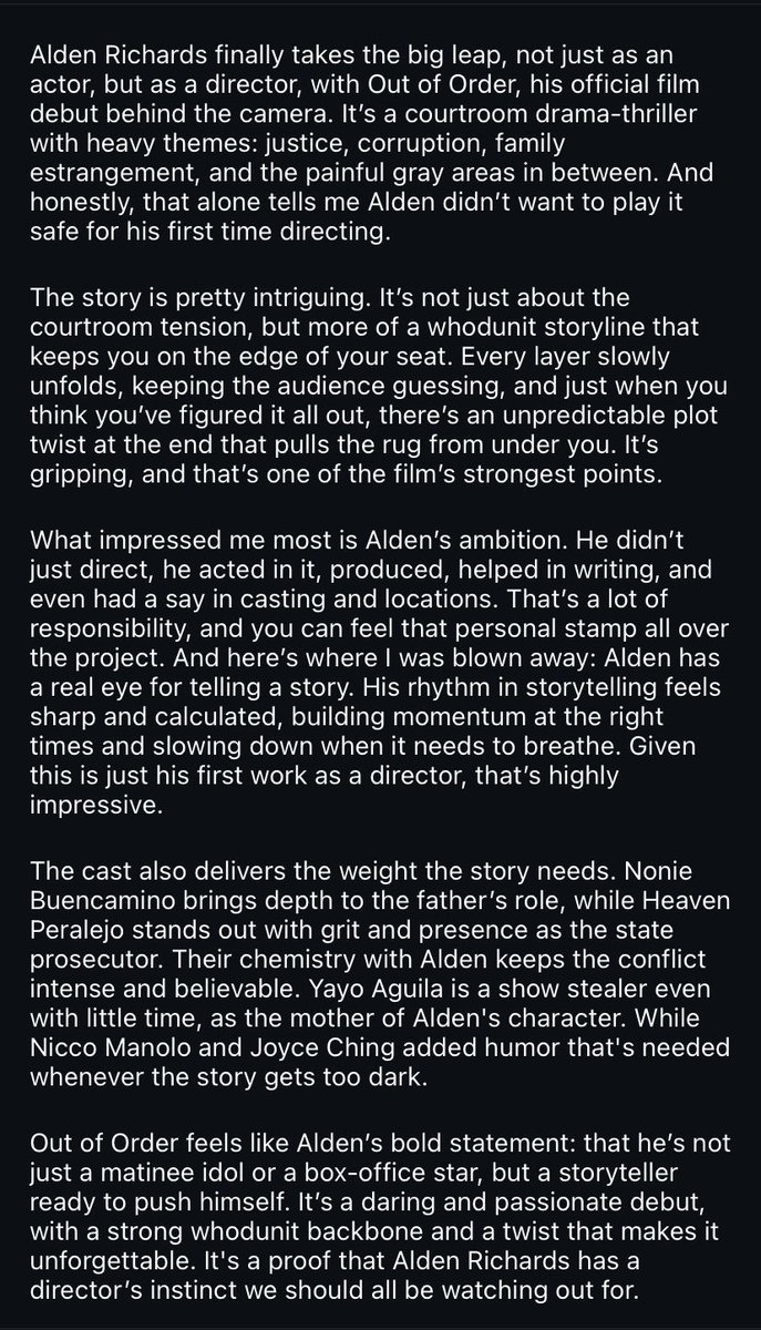 “Alden Richards has a director’s instinct”
“Alden has a real eye for telling a story”

Congratulations <a href="/aldenrichards02/">Alden Richards</a> 
good reviews for #OutOfOrderNetflix 
not just about the story and how it was told but also how good you are as a director.

super proud of you #ALDENRichards